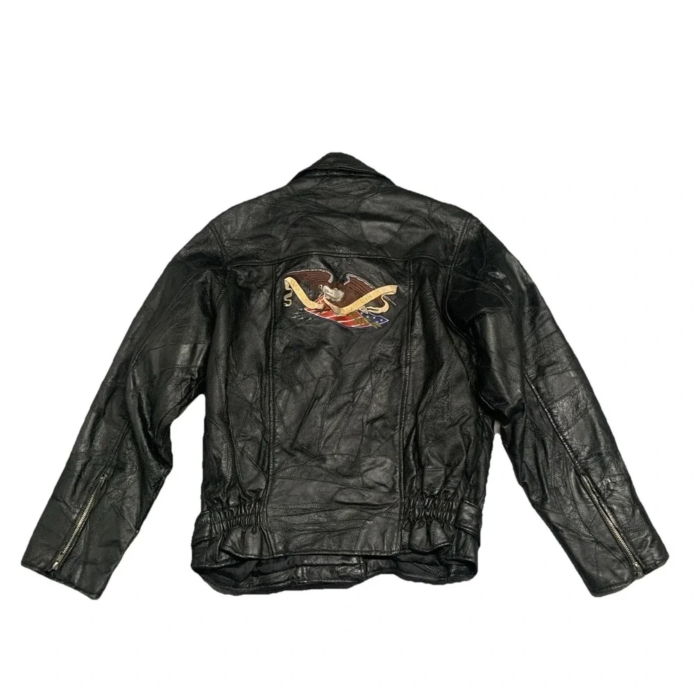 Vintage Diamond Plate Buffalo Leather Moto Jacket Embroidered Asymmetrical Zip M - Picture 2 of 11